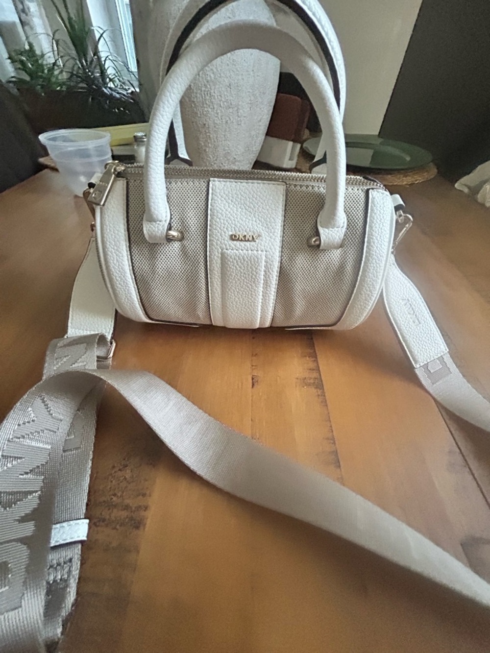 DKNY Cream Mini Barrel Satchel with Branded Strap